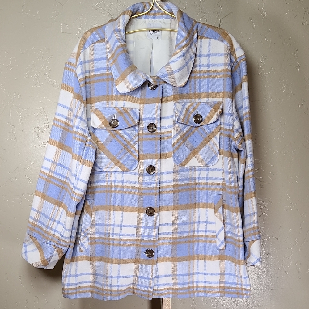 Kensie Blue‎ and Tan Plaid Shacket Utility Jacket Large